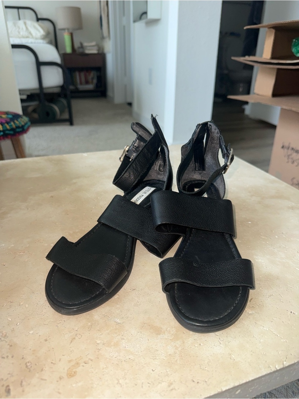 Steve Madden Black Leather Strappy Ankle Sandals